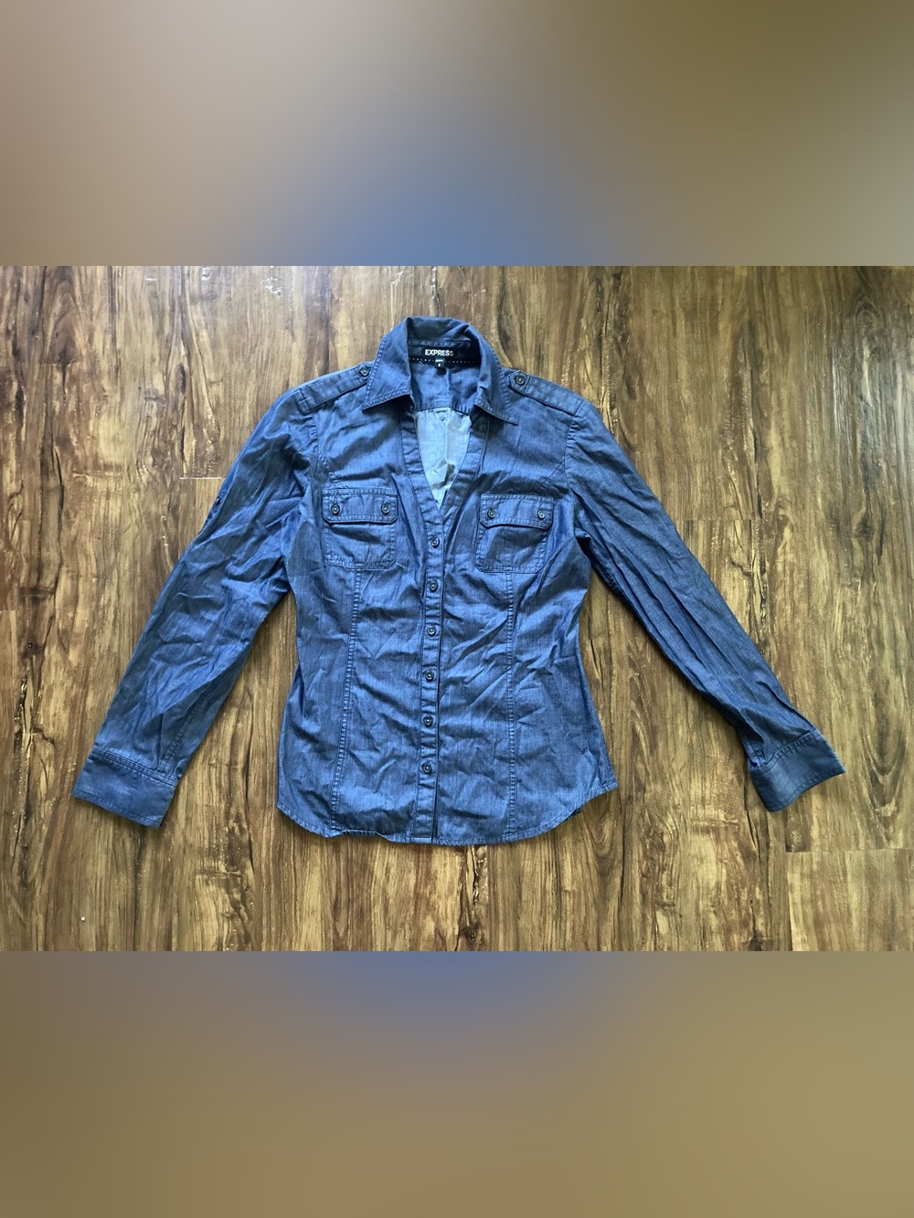 Express Blue Women's Button-Down Denim Shirt Size Small Office Casual